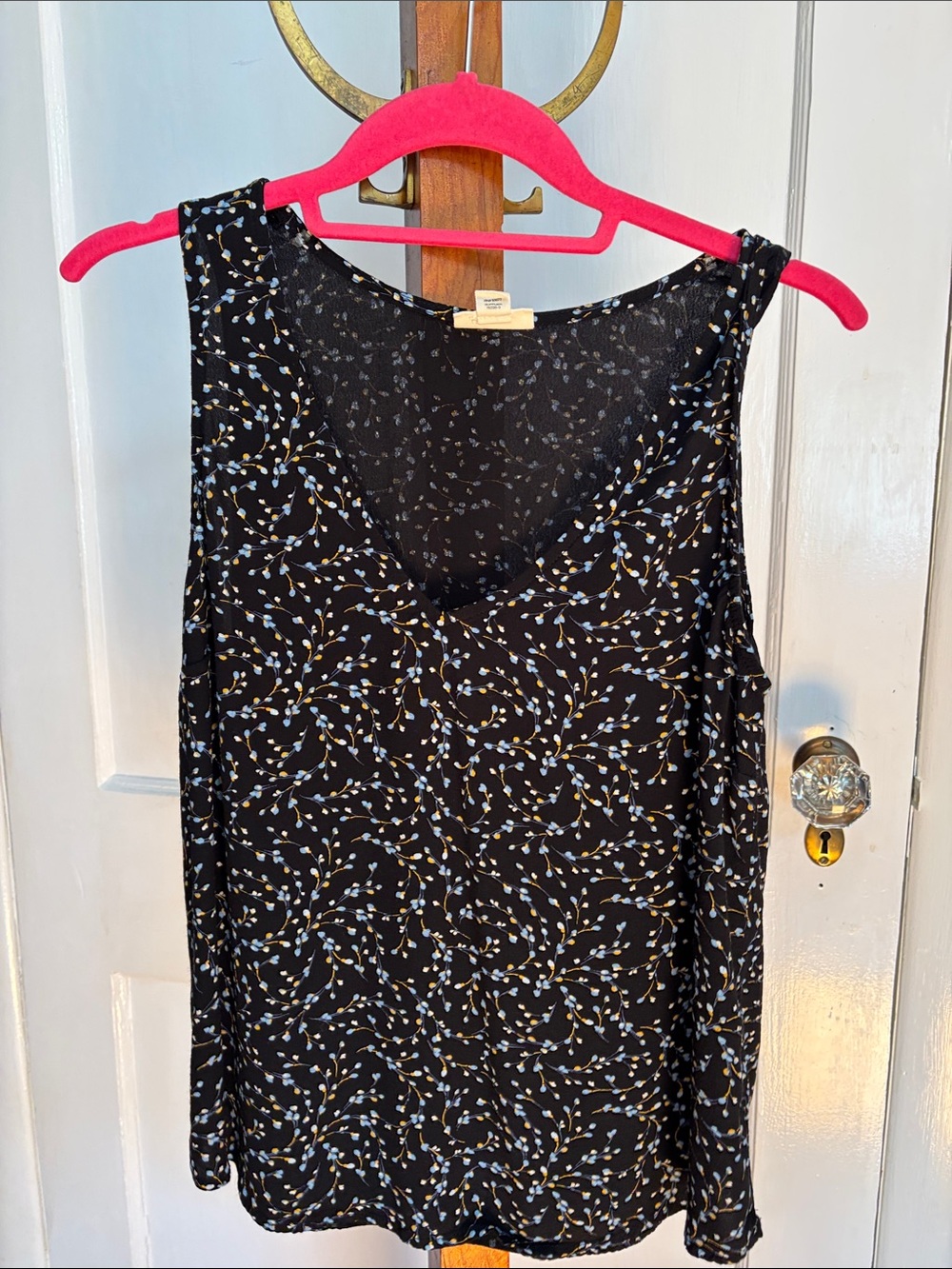 a.n.a Black V-Neck Top with Blue & Gold Leaf Floral mini print trending now